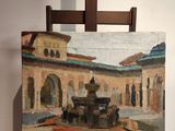 une peinture à l'huile représentant une fontaine dans une cour, avec un bâtiment en arrière-plan