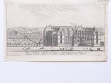 a drawing of a large building with a lot of people walking around it