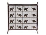 a black and white photo of a screen with camels and giraffes