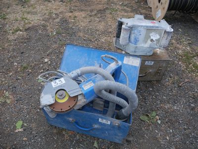 a blue box with a blower and a hose on the ground