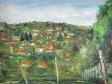 a painting of a view of a small town from the water