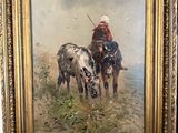 an oil painting of a man riding a horse next to a cow