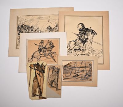several drawings of people and animals are displayed on a wall