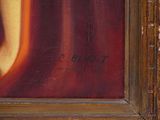 an image of a painting of a woman ' s legs with a red background