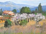 une peinture d'un paysage avec un banc au premier plan
