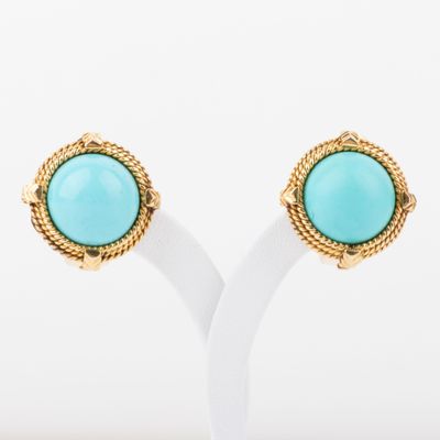 Paire de clips d'oreilles, pierres bleues en cabochon, diam … - Photo 1