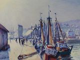 peinture de bateaux amarrés dans un port avec des bâtiments en arrière-plan