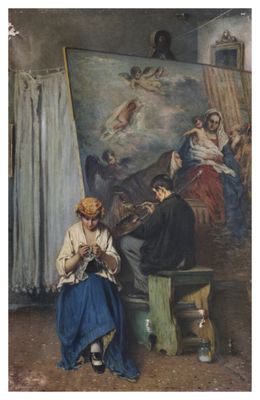 painting of a woman sitting on a stool in front of a painting