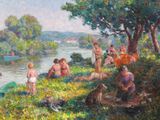 a painting of a group of people sitting on the grass by the water