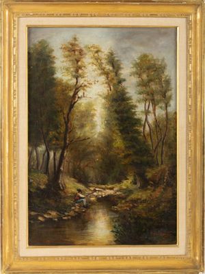 une peinture représentant un ruisseau dans une zone boisée, avec des arbres