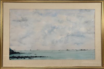 ECOLE XXe. Plage rocheuse. Aquarelle sur papier.