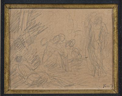 a drawing of a group of people sitting in a room