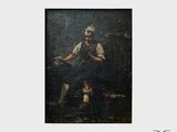 une image représentant un tableau où l'on voit un homme assis sur une chaise à côté d'un chien