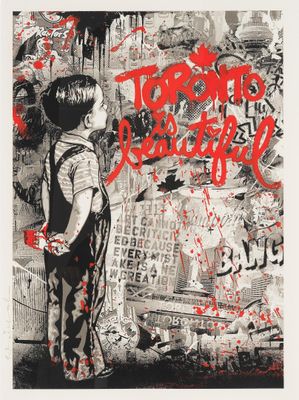 un dessin en noir et blanc représentant un jeune garçon debout devant un mur recouvert de graffitis