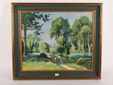 une peinture à l'huile représentant un paysage avec des arbres et un sentier