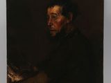 an oil painting of a man holding a book on a wooden easel