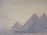 a painting of three pyramids in the distance with a boat in the foreground