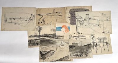 Plusieurs dessins représentant divers bâtiments sont reproduits sur une feuille de papier