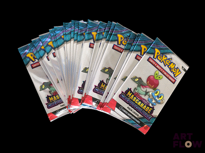 several packs of pokemon trading cards are stacked on top of each other