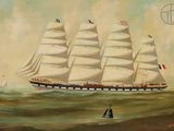 painting of a sailing ship in the ocean with other boats in the background