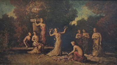 tableau représentant un groupe de personnes dans un décor boisé