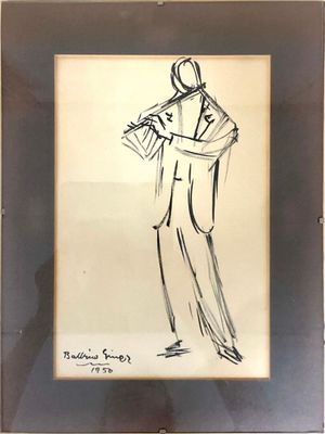 dessin encadré représentant un homme en costume jouant de la flûte