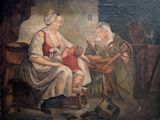 un vieux tableau représentant une femme et un enfant assis sur une chaise
