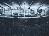 tableau représentant un bar en noir et blanc avec des tabourets dans une pièce