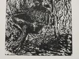 an image of a black and white drawing of a person in the woods