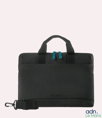 a black laptop bag with a blue handle on a white background