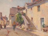 a painting of a man walking down a street