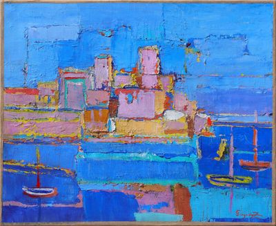 an oil painting of boats in a harbor with a city in the background