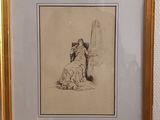 framed drawing of a man and a woman sitting on a bench