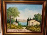 painting of a house by the water with a path leading to it