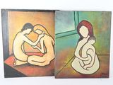 tableau représentant deux tableaux : l'un d'une femme et l'autre d'un homme assis par terre