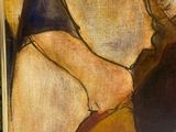 an oil painting of a woman in a bathing suit holding a dog