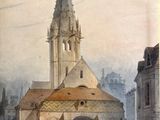 peinture représentant une église avec un clocher et une foule de gens à l'extérieur