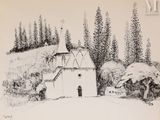 dessin au crayon représentant une maison au milieu d'une forêt