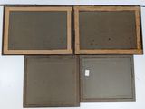 four framed pictures of different sizes and shapes on a white wall