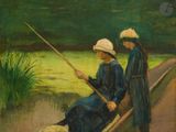 tableau représentant deux femmes assises dans un bateau avec un chien