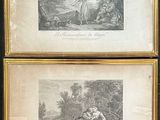 two framed prints of a woman and a dog in a wooded setting
