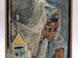 an image of a painting of a bird standing on top of a building