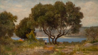 painting of a couple of trees in a field next to a body of water