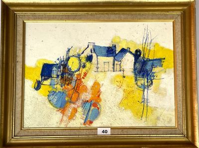 tableau jaune et bleu représentant une calèche et une calèche