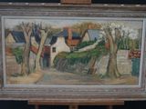 an oil painting of a house and trees on a easel