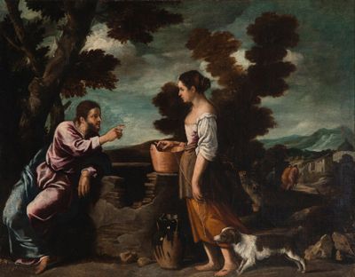 painting of a man and a woman with a dog in a landscape