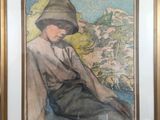 painting of a woman in a hat sitting on a bench