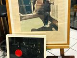 a picture of a man holding a red frisbee next to a picture of a dog
