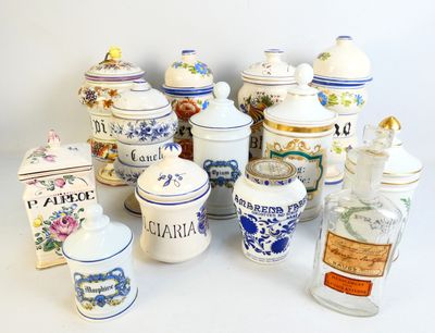 many different types of jars and containers on the table