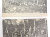 two old black and white photos of a group of people in the woods
